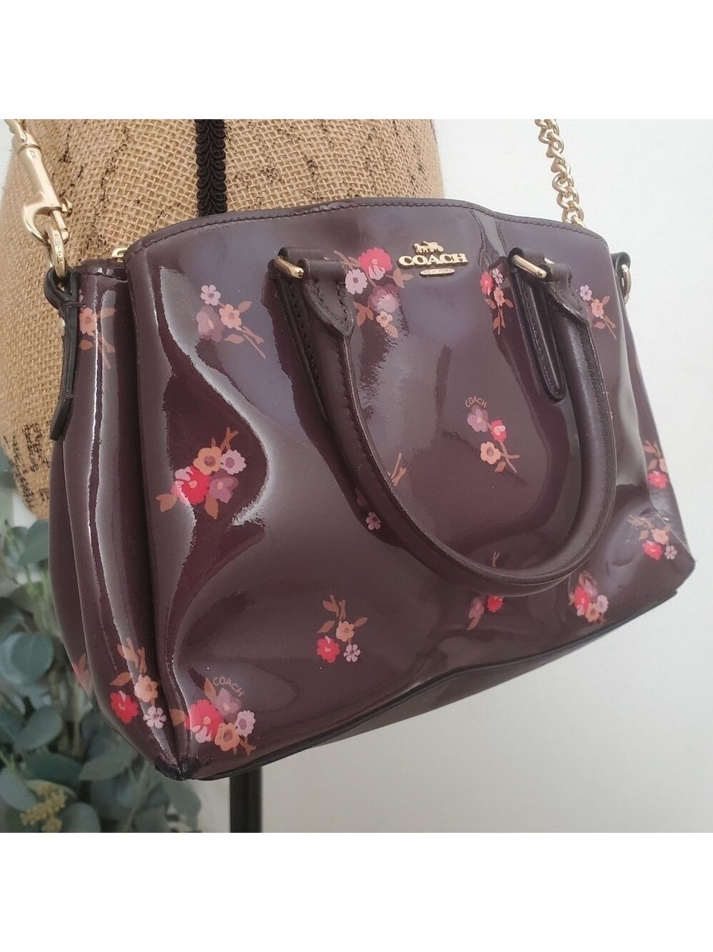 COACH Sage Carryall Oxblood Maroon Bouquet Print Small Handbag Purse - Picture 5 of 15